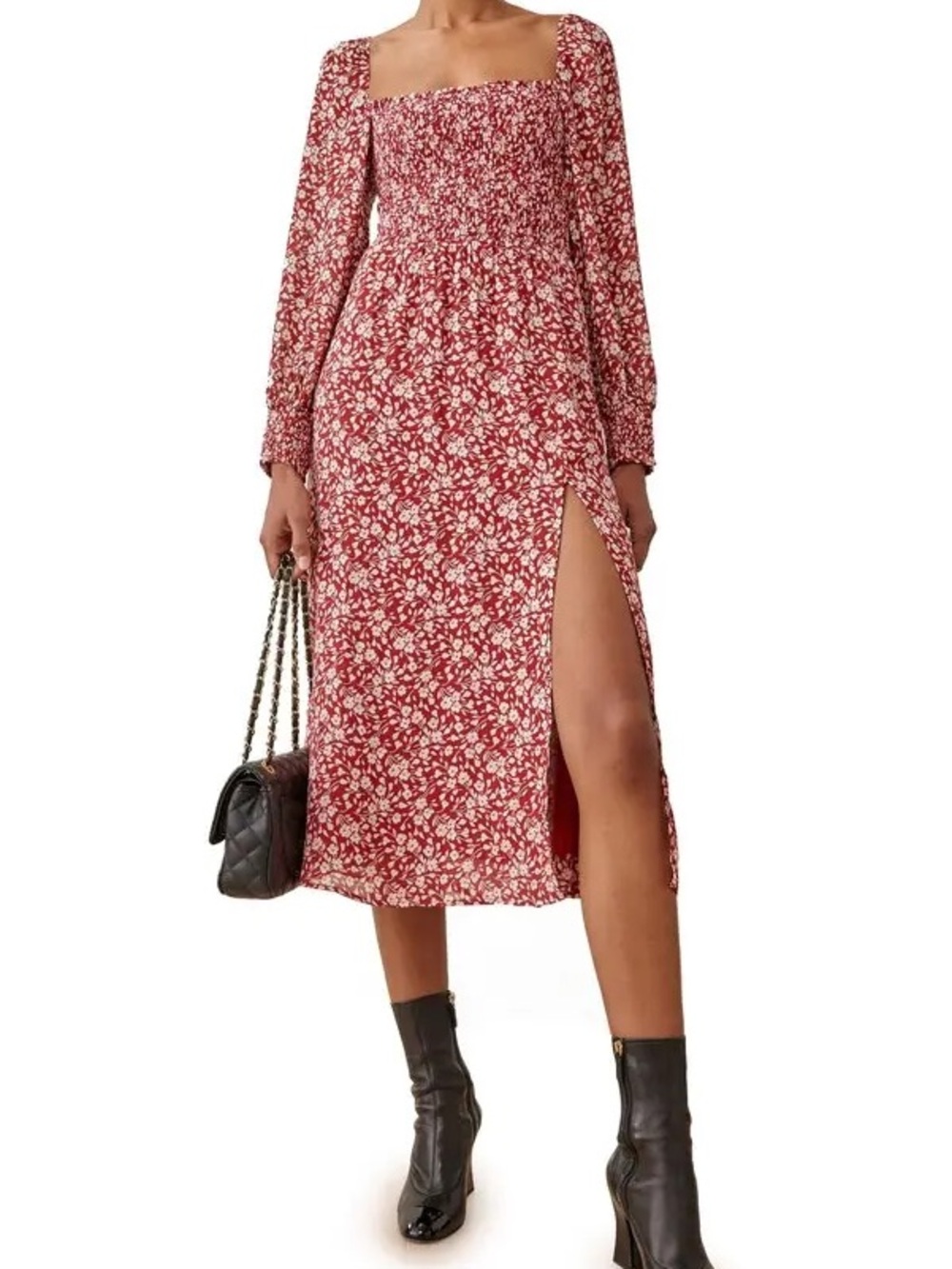 Reformation Cello Dress - Red Floral Smocked Midi Dress with Side Slit